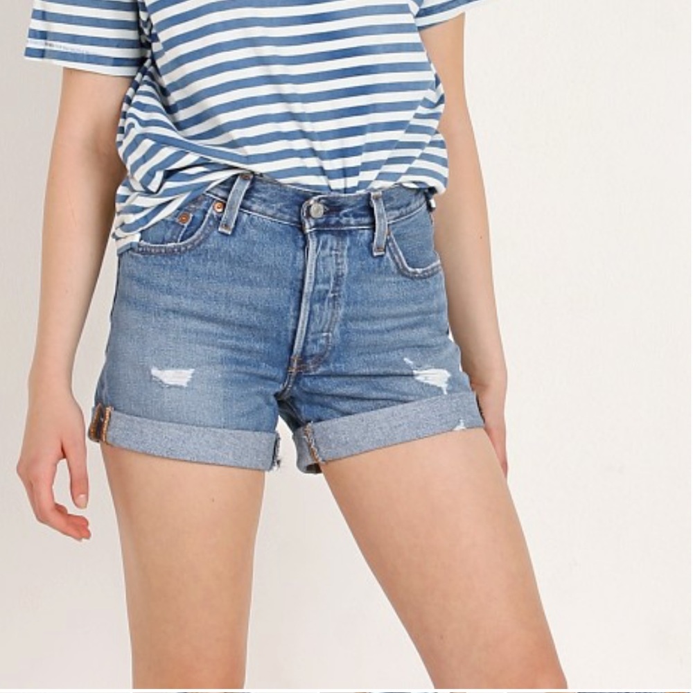 🇲🇽 LEVIS 501 Long Shorts Raw Hem Denim 5.5” inseam sz 27 EUC Mid Thigh Length
